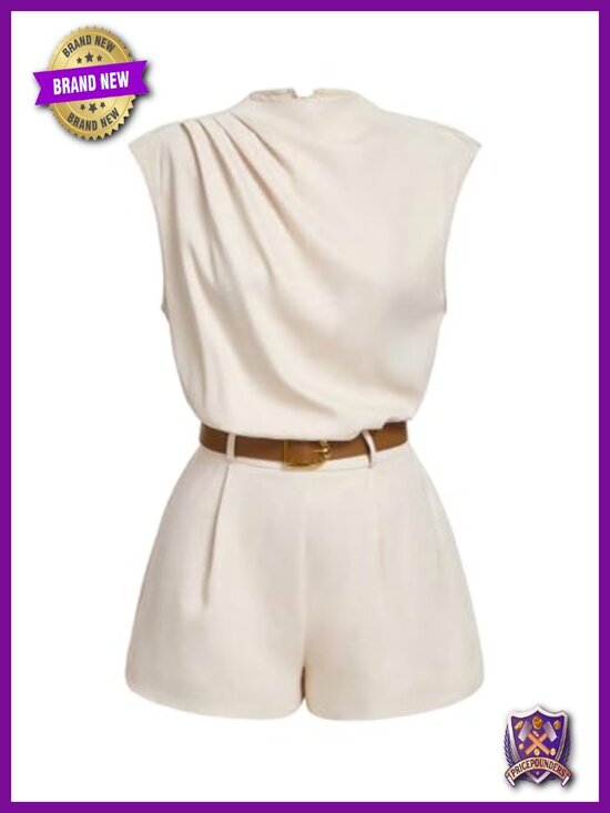 Pants - Women's Summer Ruched Mock Neck Cap Sleeve Belted Short Romper Jumpsuit
